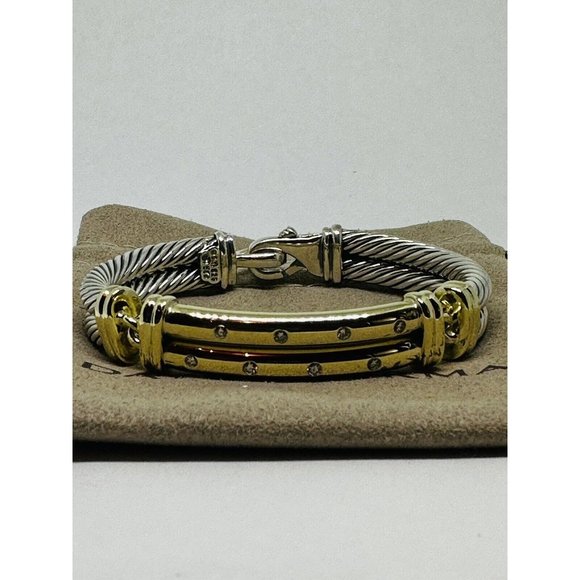 $4,000 David Yurman 14K Yellow Gold Silver Diamond Metro Double Cable Bracelet M - Picture 2 of 8